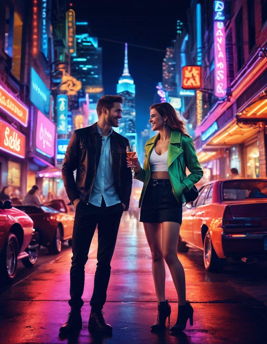 An adventurous couple sharing a playful flirtatious moment in a vibrant city nightlife scene, surrounded by neon lights and an atmosphere of excitement. Include elements like cocktails, city skyline, and subtle hints of adventure symbols like maps and compasses in the background. The energy should convey spontaneity and freedom. super-realistic. vibrant colors. dynamic composition.