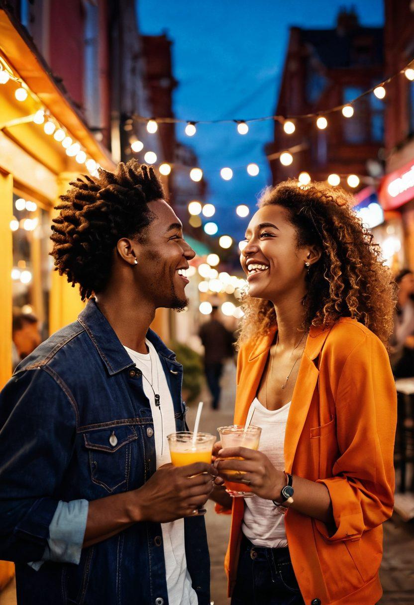 A lively urban scene depicting two diverse young adults laughing and enjoying drinks outdoors at a trendy café, surrounded by colorful lights and people enjoying nightlife. Include casual but stylish clothing, playful expressions, and hints of romantic chemistry without commitment, such as playful glances. The background features an inviting cityscape with a vibrant sunset, capturing the essence of casual dating. vibrant colors. contemporary style.